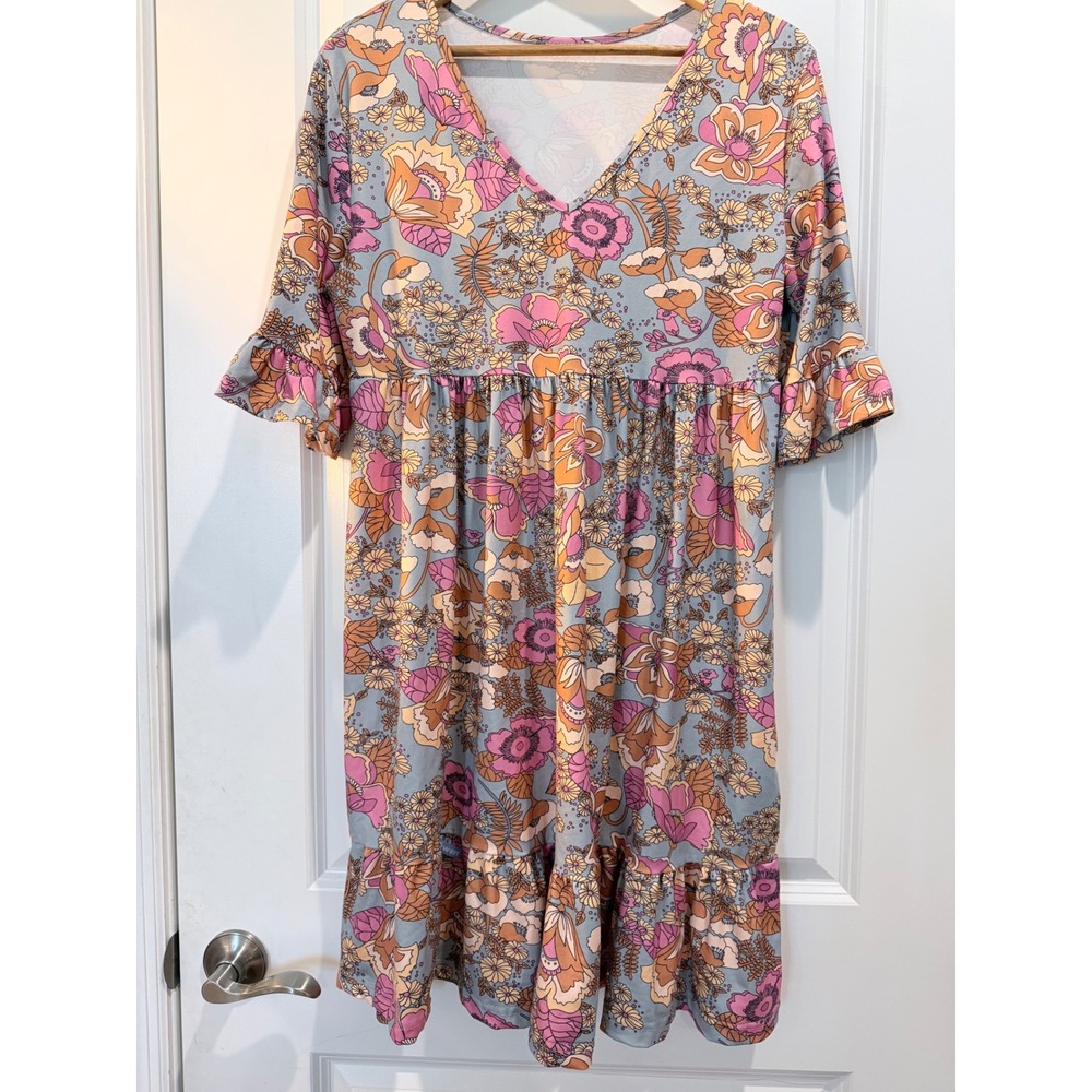 Retro Floral Babydoll Dress V-Neck Ruffle Sleeve Boho Mini Medium